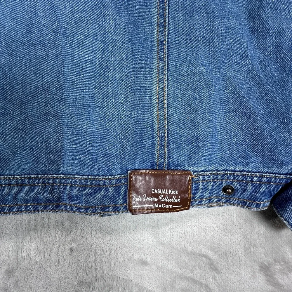 Mocam Trucker Jacket Boys 150 Blue Denim Elbow Patch Distressed Hooded Full Zip